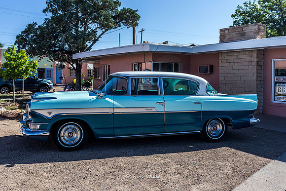 1957 Hudson Hornet, Route 66, Tucumacari, Blue Swallow, -3686