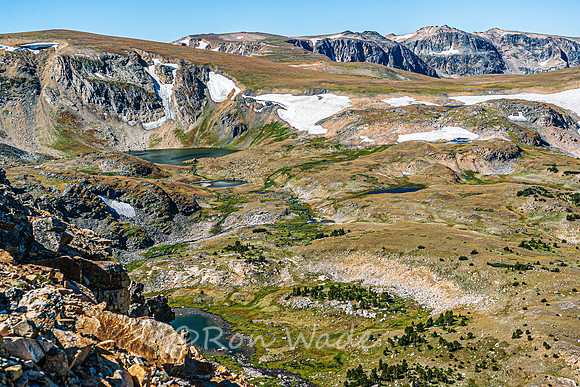 Beartooth Highway, mountains, ponds, snowpack, view from 10,500 ft.-